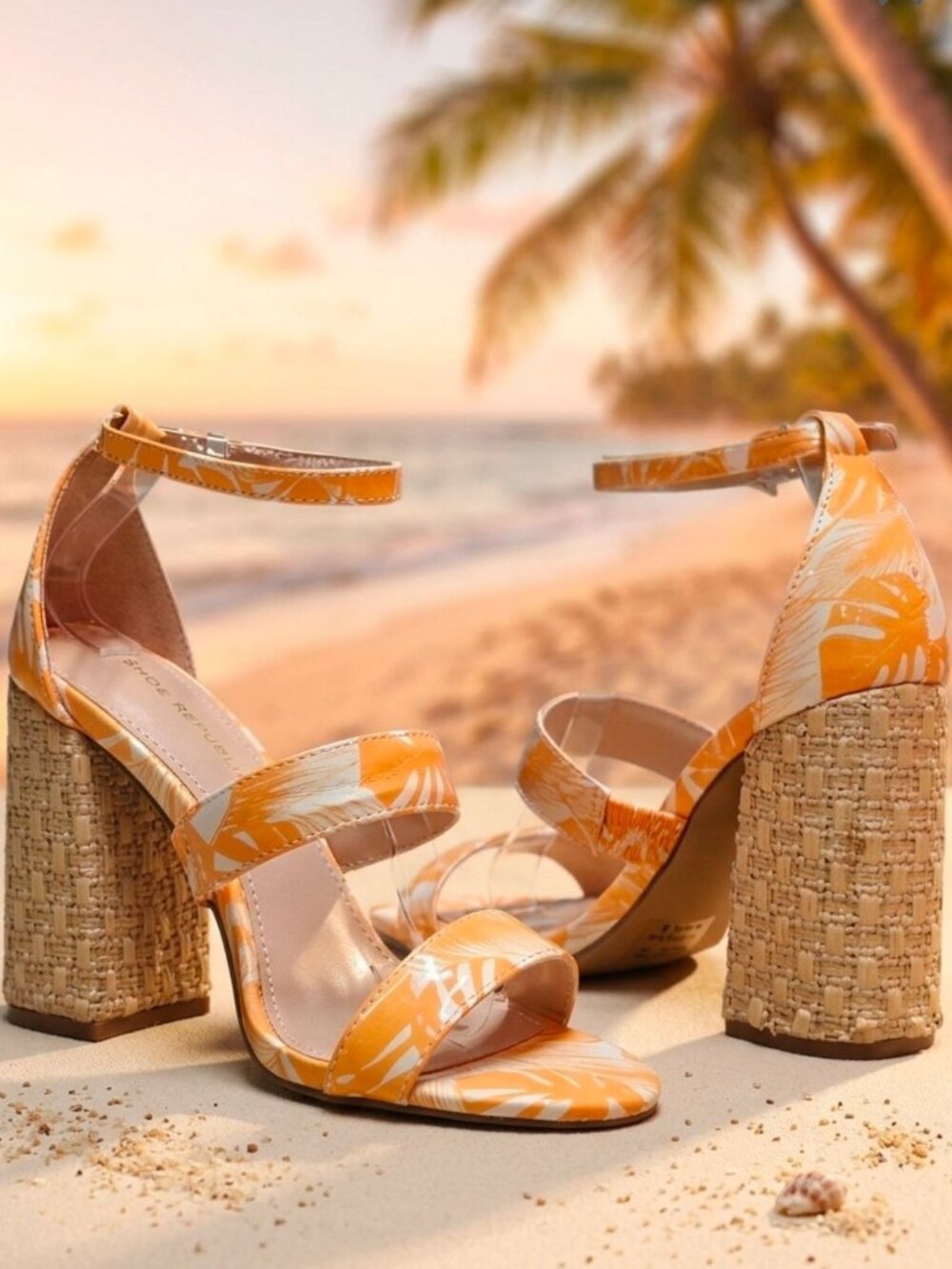 Orange Palm-Print Block Heel Sandals With Cork Texture & Adjustable Ankle Strap